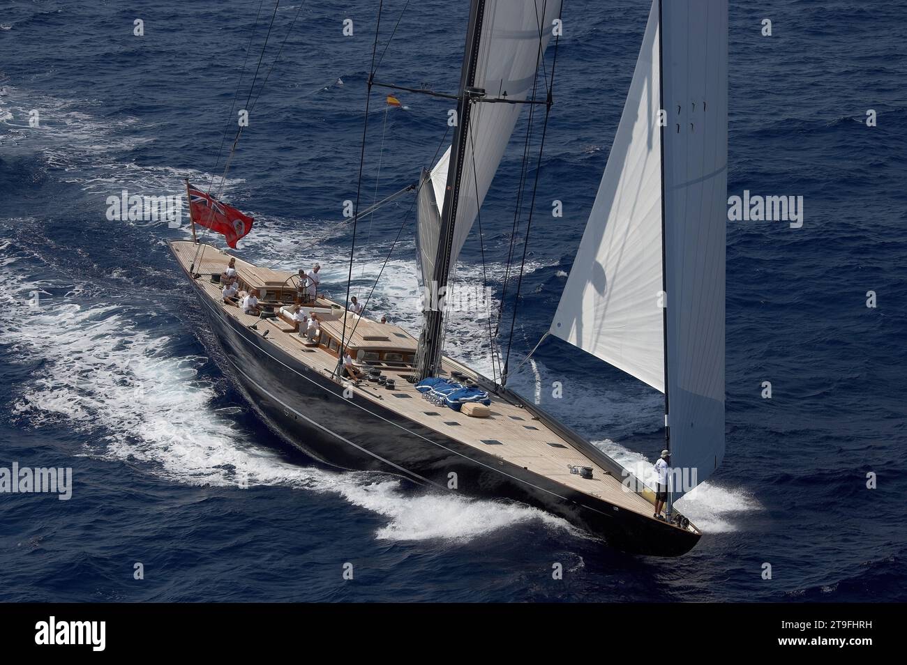 Aerial helicopter photo of 43m J class LIONHEART under full sail in rough seas. Stock Photo