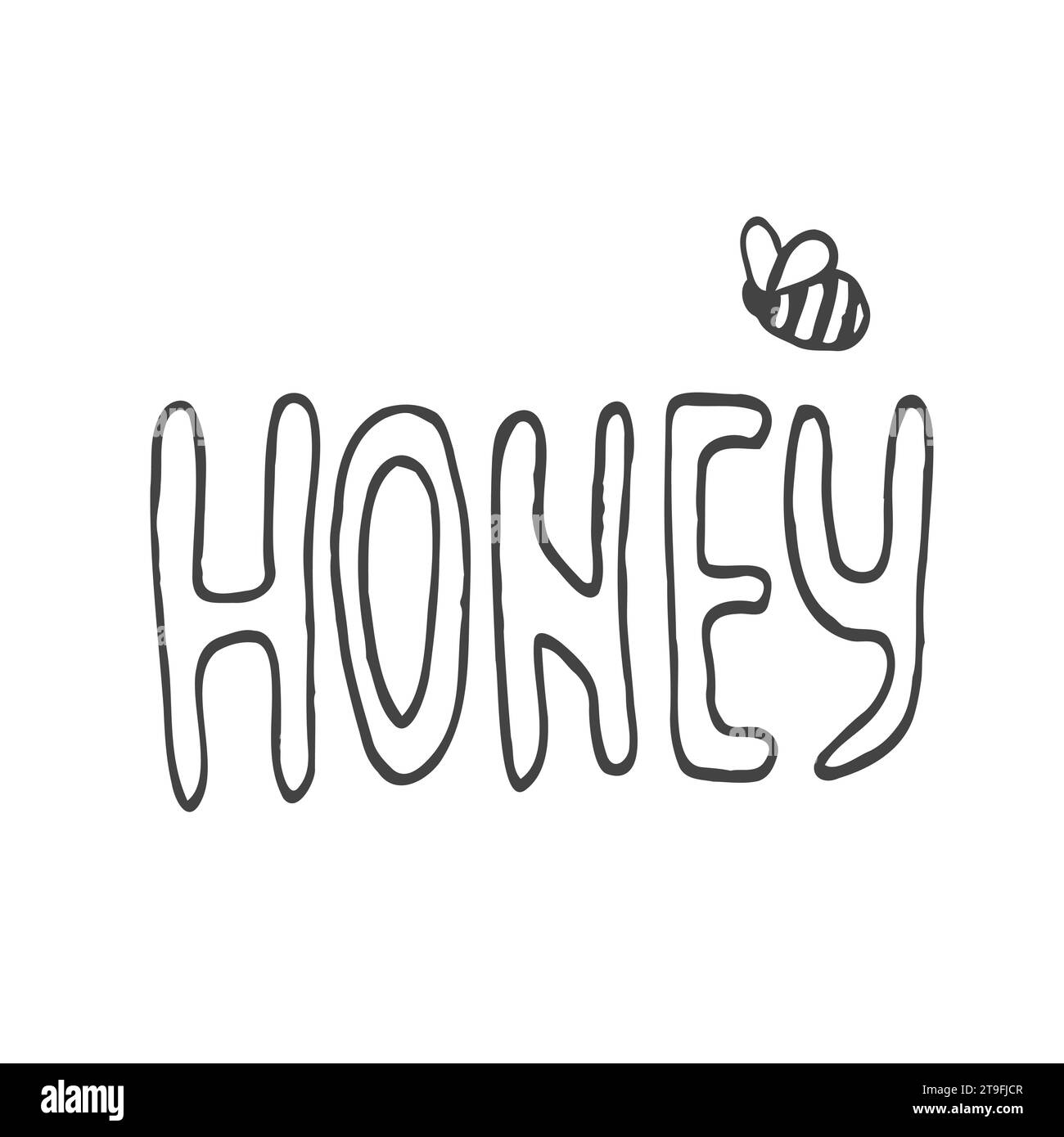 Honey lettering surrounded by bees and doodle flowers. Vector stylized background on a white background Stock Vector