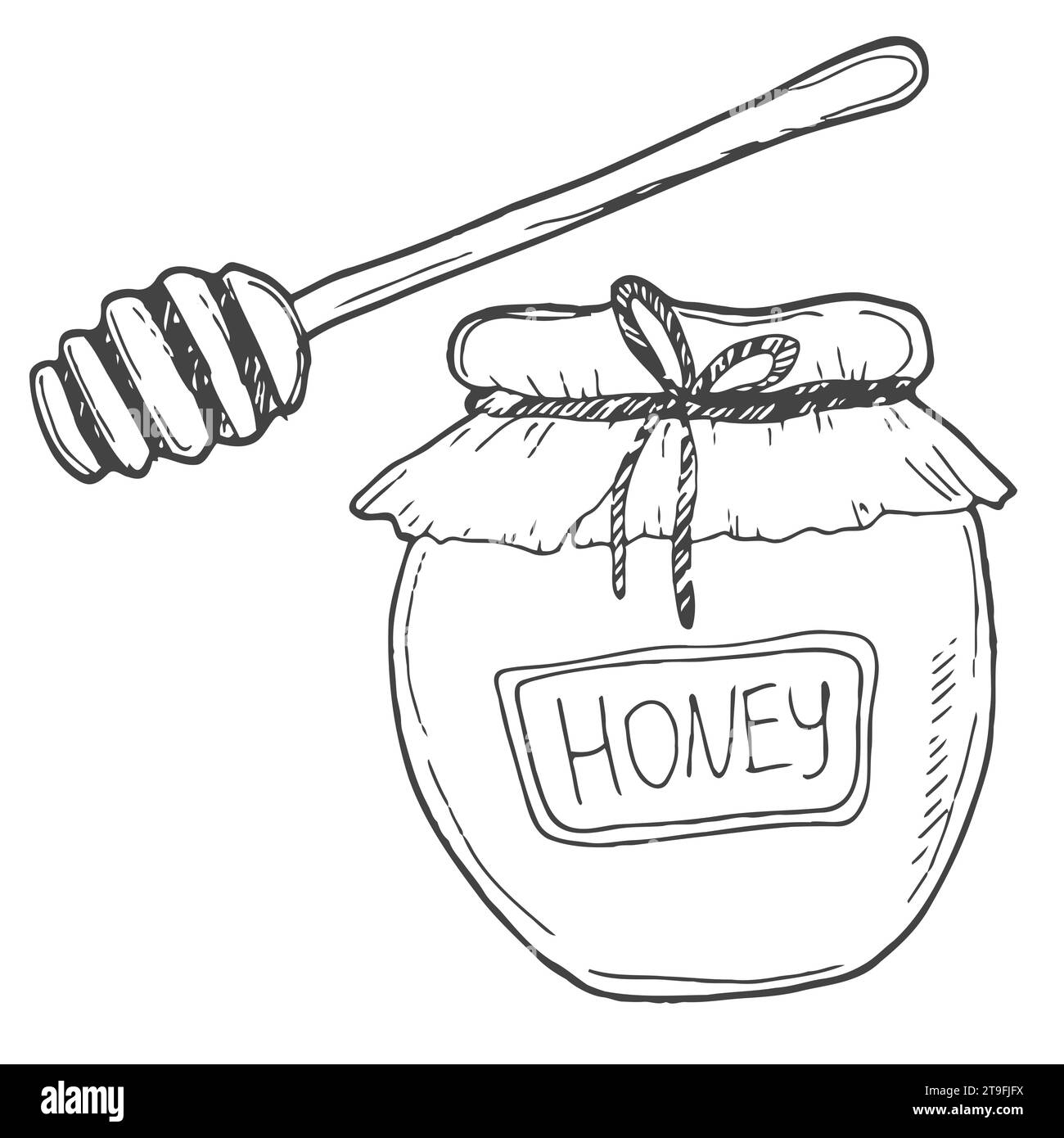 Honey in a glass jar with wooden spoon hand drawn outline doodle icon. Glass jar full of honey and stick line icon for infographic Stock Vector