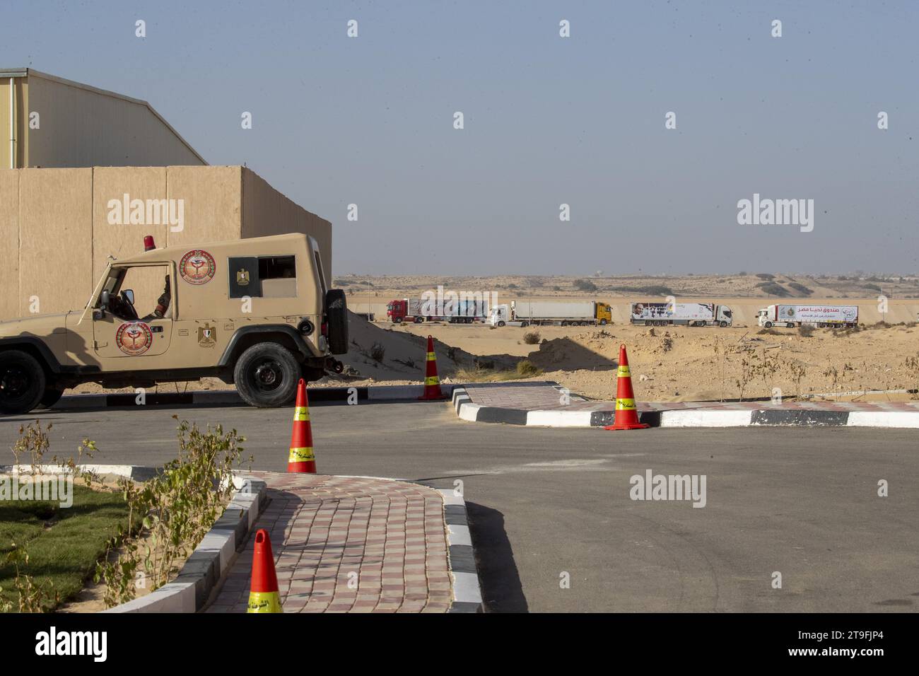 Illustration picture shows trucks at the Al Arish airport waiting to go to the Rafah border crossing, in the southern Gaza Strip in the State of Palestine, Friday 24 November 2023, part of a visit of both Belgian and Spanish Prime Ministers (incoming and outgoing presidency of Europe) to Israel and Palestine. The two heads of government will hold talks in Jerusalem and Ramallah with political leaders on the war in Gaza. Site visits in Israel and Palestine should allow them to oversee the impact of the Hamas terror attack of Oct. 7 and discuss the humanitarian situation in Gaza BELGA PHOTO NICO Stock Photo