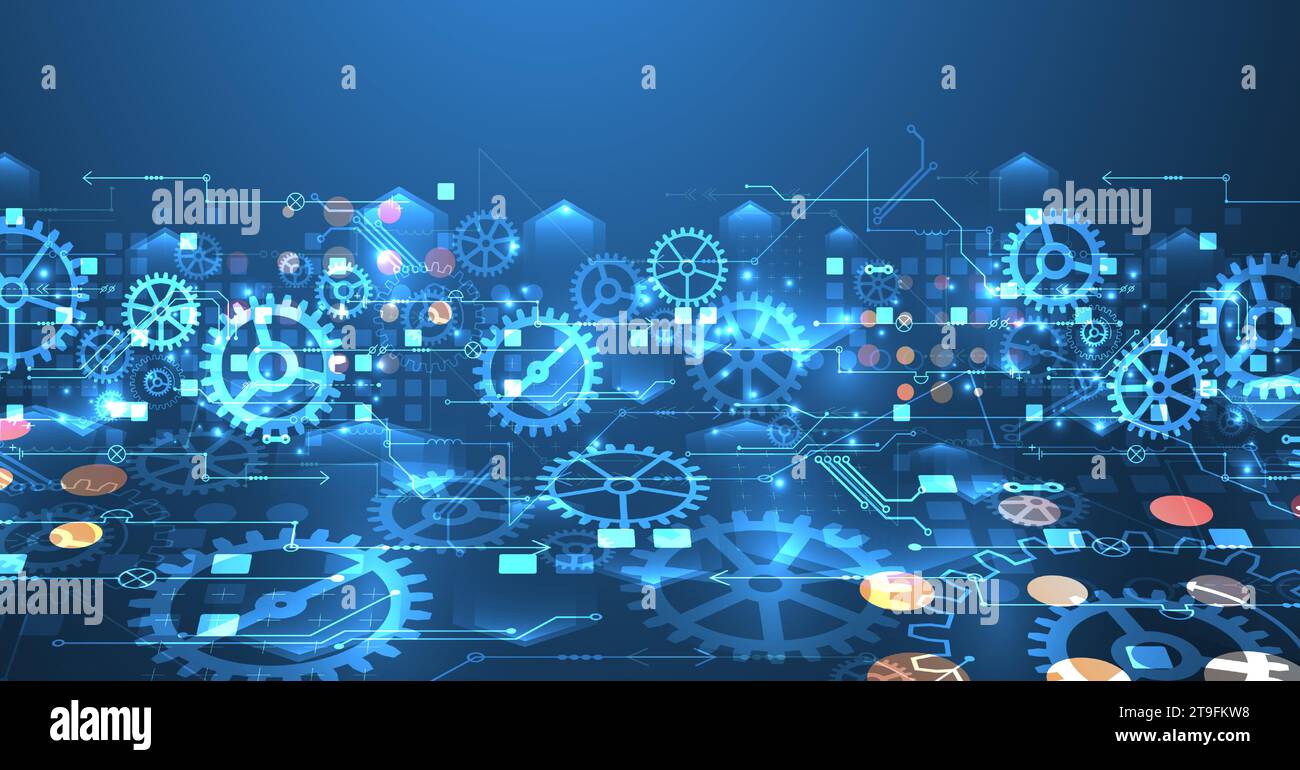 Gear wheel technology pattern on blue gradient background. Hand drawn vector. Stock Vector