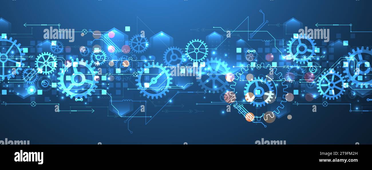 Gear wheel technology pattern on blue gradient background. Hand drawn vector. Stock Vector