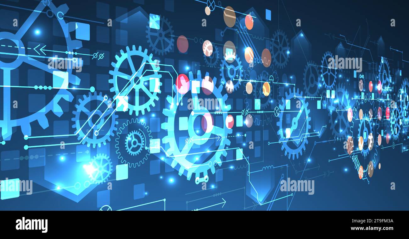 Gear wheel technology pattern on blue gradient background. Hand drawn vector. Stock Vector