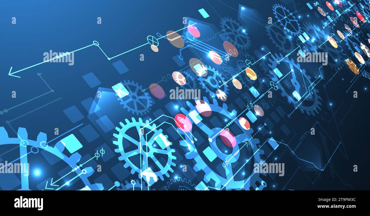 Gear wheel technology pattern on blue gradient background. Hand drawn vector. Stock Vector