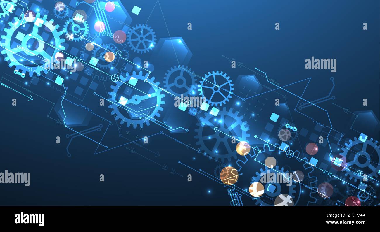Gear wheel technology pattern on blue gradient background. Hand drawn vector. Stock Vector