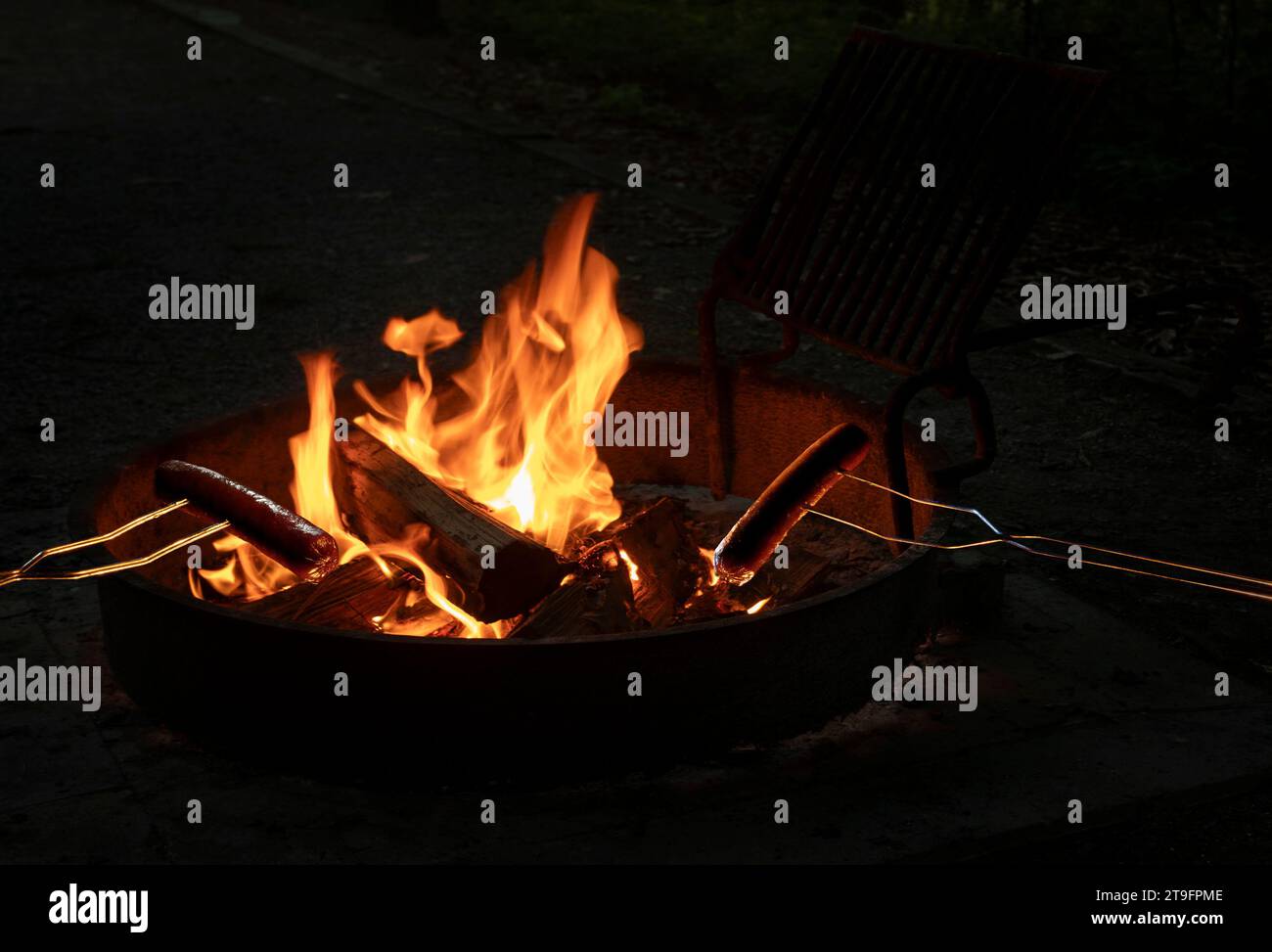 Two frankfurters on metal skewers being cooked over an open fire in a