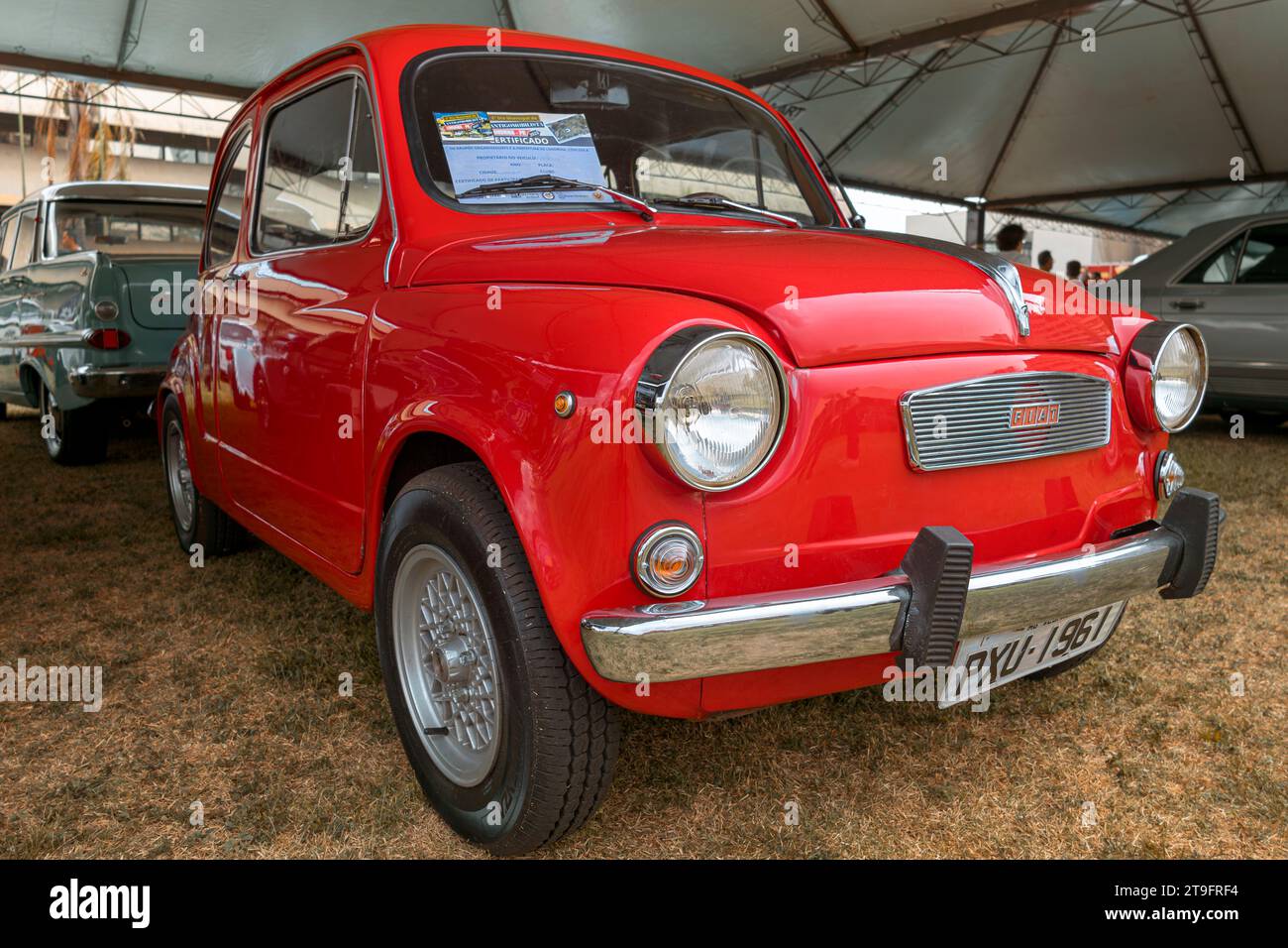 Vehicle Fiat 500 1972 on display at a vintage car fair show in the city of Londrina, Brazil. Annual vintage car meeting. Stock Photo