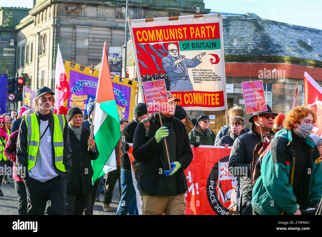 25 Nov 23. Glasgow, UK. The Scottish Trades Union Congress' (STUC) annual St Andrew's Day Parade took place through Glasgow city centre with a collection of differing left wing, socialist and political groups. The parade, by custom, is held annually on the last Saturday in November. ANAS SARWAR, MSP, leader of the Scottish Labour Party took part and led the parade. Credit: Findlay/Alamy Live News Stock Photo