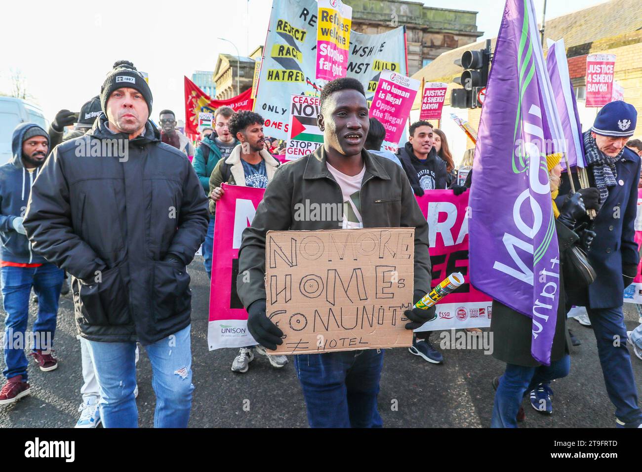 25 Nov 23. Glasgow, UK. The Scottish Trades Union Congress' (STUC) annual St Andrew's Day Parade took place through Glasgow city centre with a collection of differing left wing, socialist and political groups. The parade, by custom, is held annually on the last Saturday in November. ANAS SARWAR, MSP, leader of the Scottish Labour Party took part and led the parade. Credit: Findlay/Alamy Live News Stock Photo