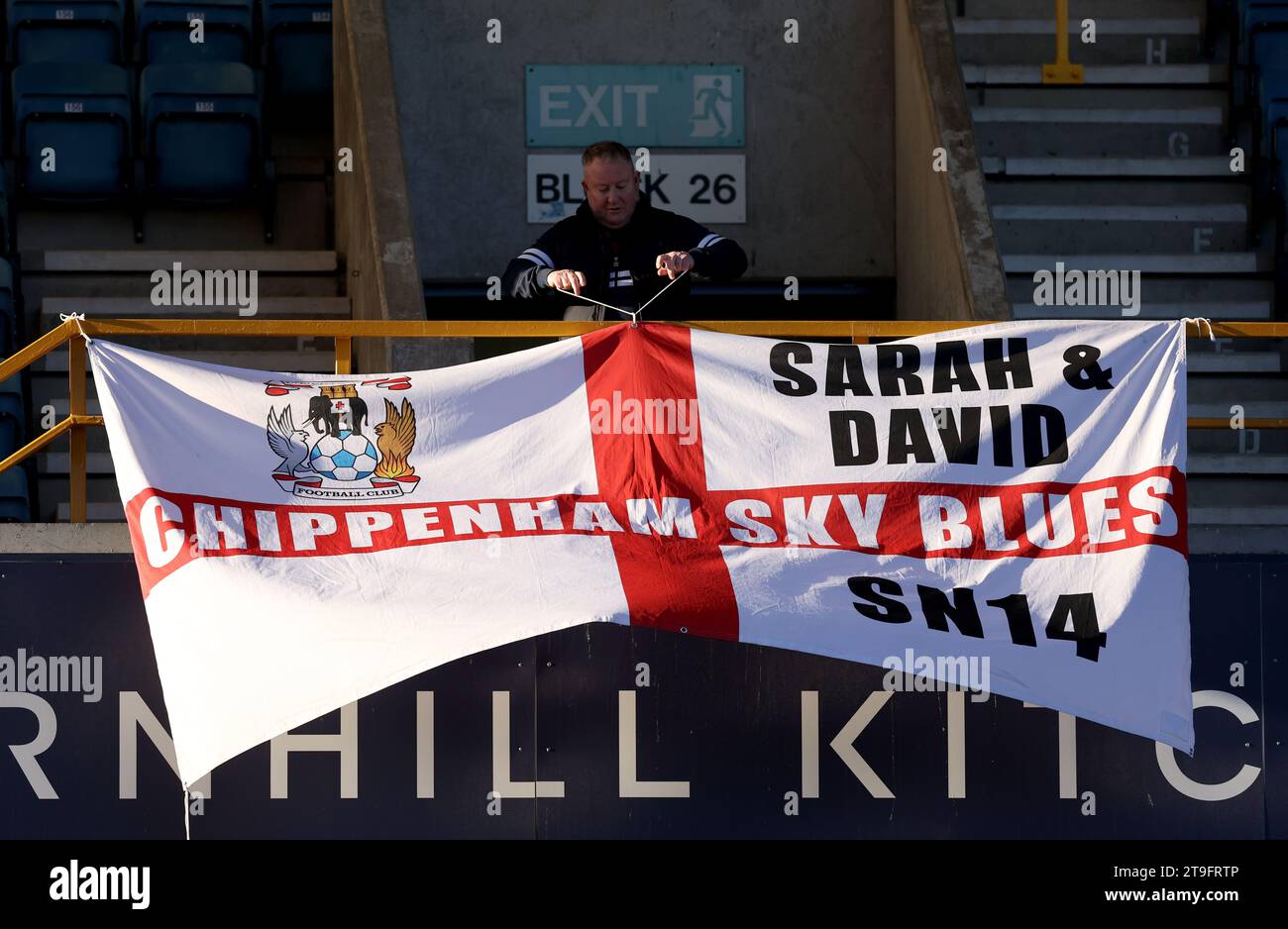 Coventry City banners are fixed to the stands before the Sky Bet Championship match at The Den, London. Picture date: Saturday November 25, 2023. Stock Photo