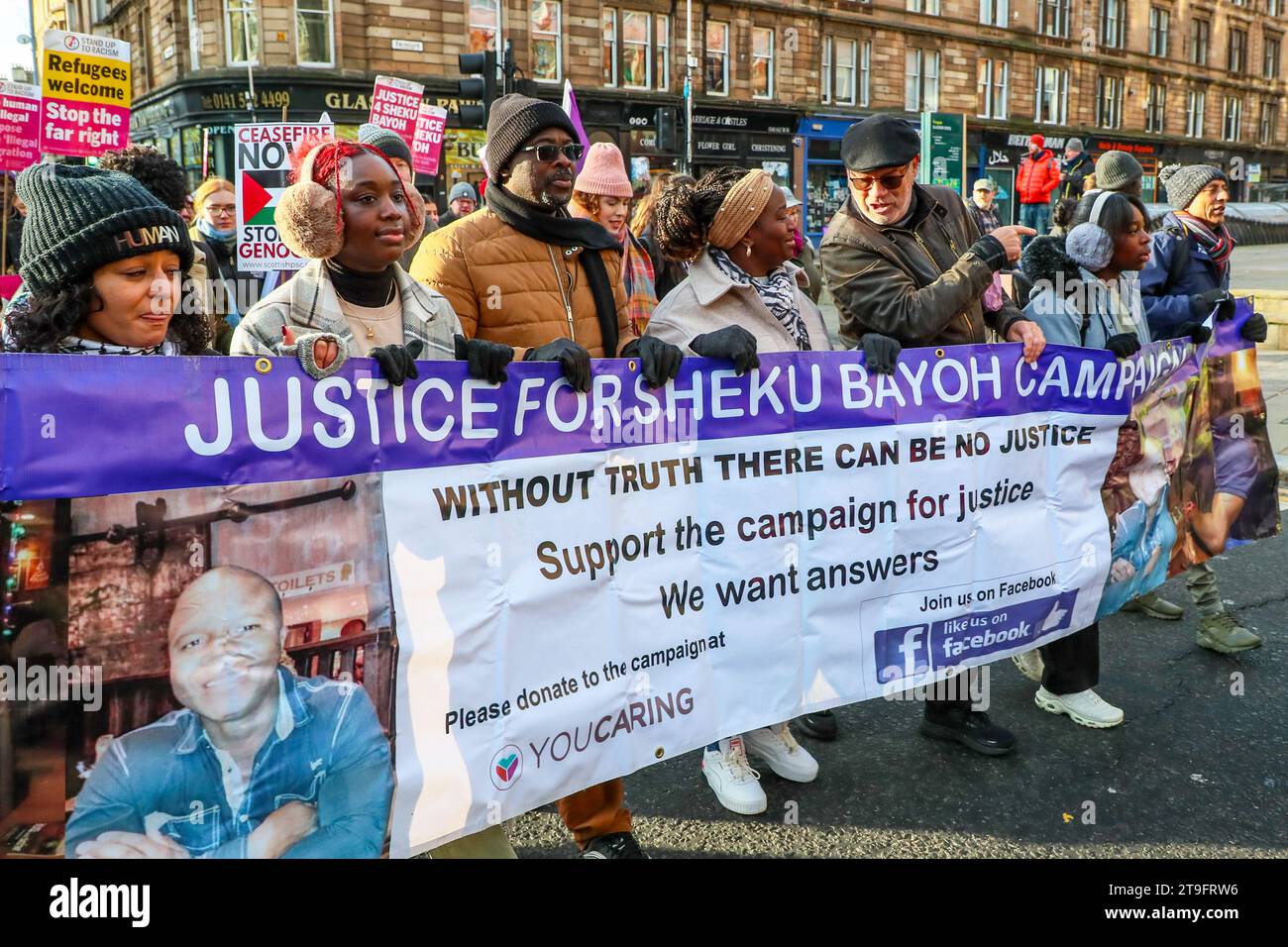25 Nov 23. Glasgow, UK. The Scottish Trades Union Congress' (STUC) annual St Andrew's Day Parade took place through Glasgow city centre with a collection of differing left wing, socialist and political groups. The parade, by custom, is held annually on the last Saturday in November. ANAS SARWAR, MSP, leader of the Scottish Labour Party took part and led the parade. Credit: Findlay/Alamy Live News Stock Photo