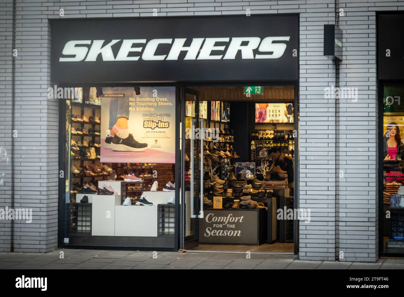 LONDON- NOVEMBER 23, 2023: Skechers footwear shop on Oxford Street, landmark retail destination Stock Photo