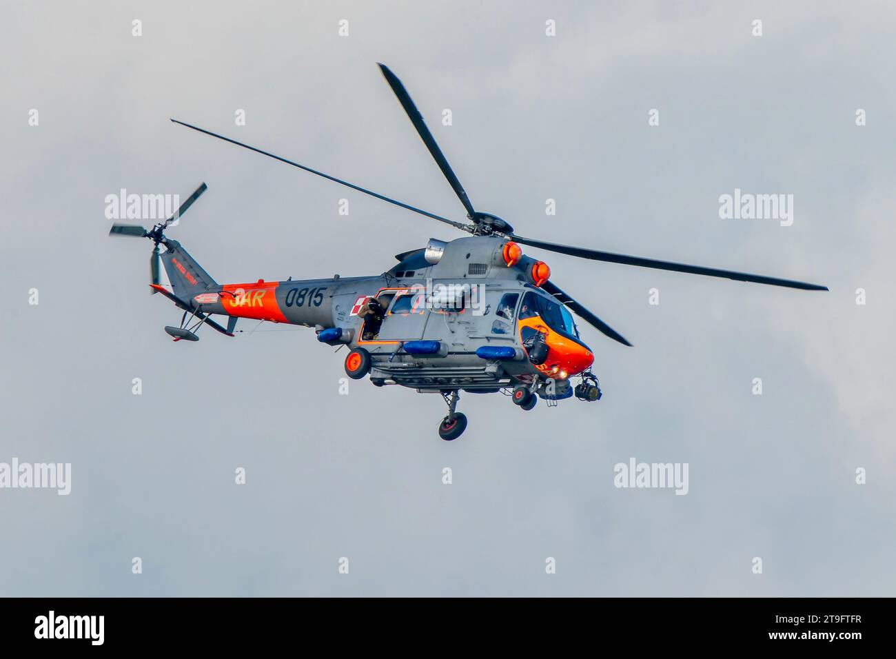 SAR rescue helicopter, gray helicopter of the rescue team in Poland, helicopter in action, rescue operation and search for missing persons search crew Stock Photo