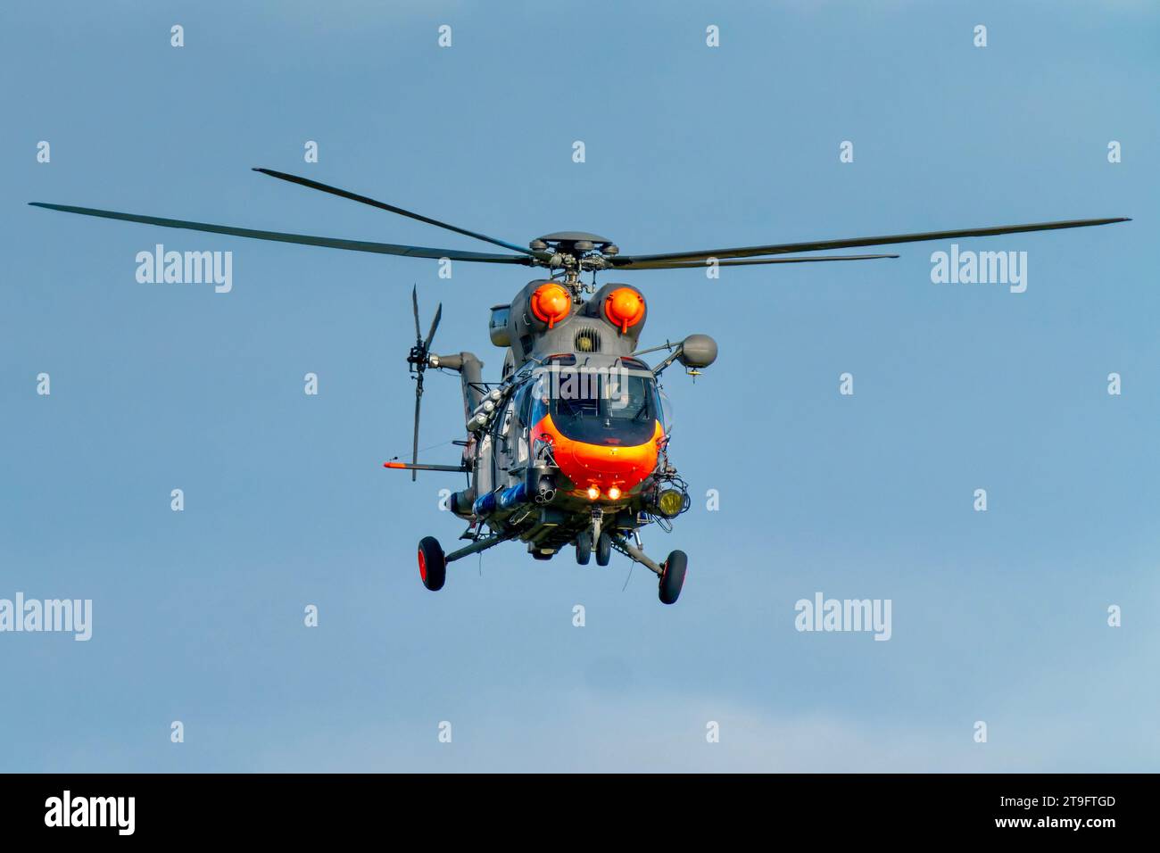 SAR rescue helicopter, gray helicopter of the rescue team in Poland, helicopter in action, rescue operation and search for missing persons search crew Stock Photo