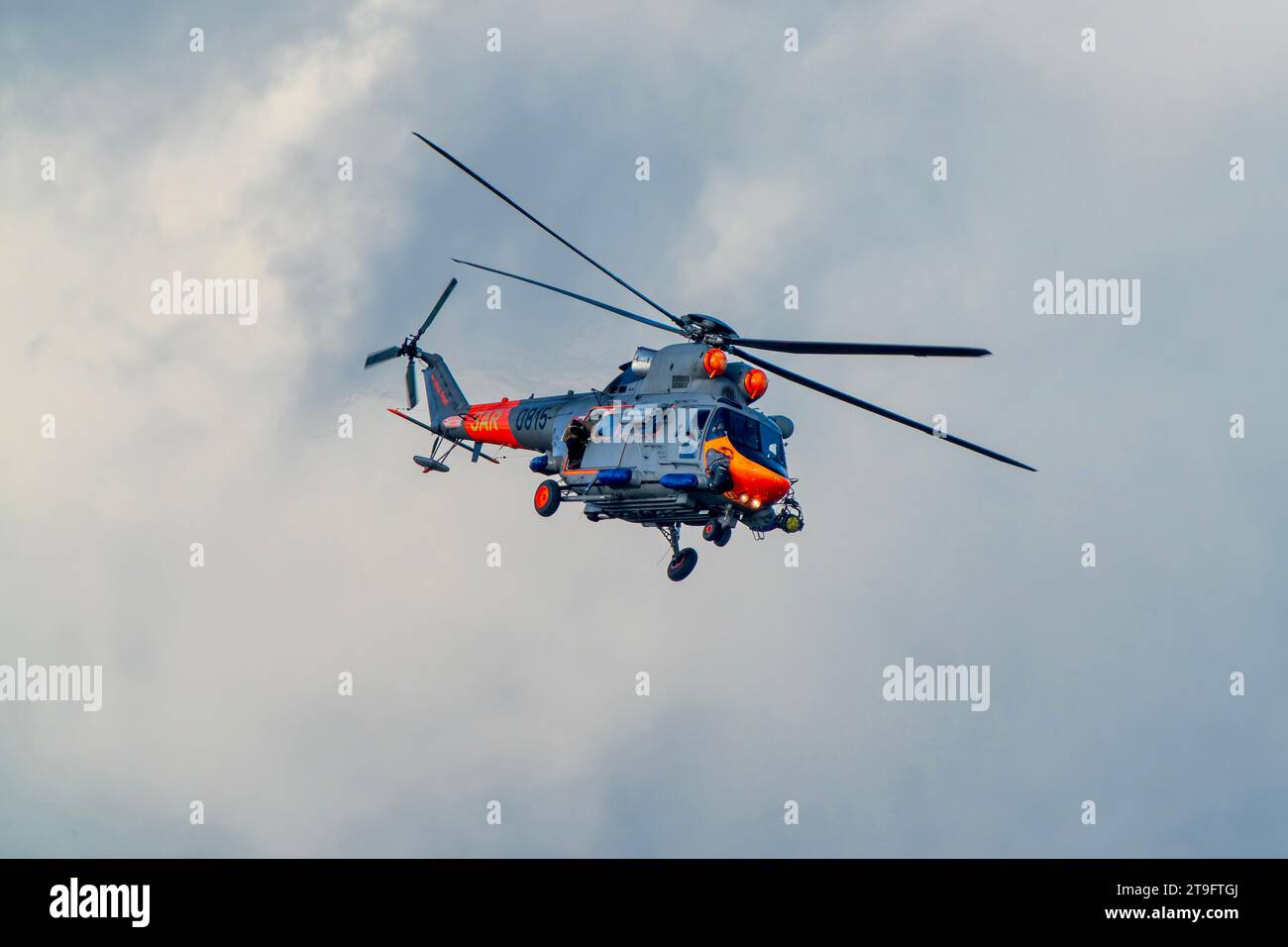 SAR rescue helicopter, gray helicopter of the rescue team in Poland, helicopter in action, rescue operation and search for missing persons search crew Stock Photo