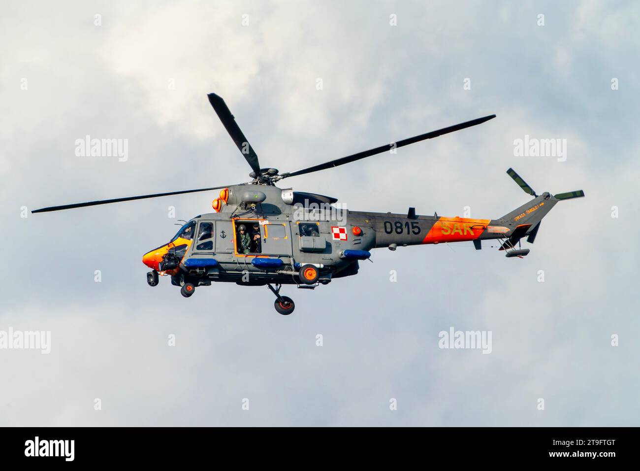 SAR rescue helicopter, gray helicopter of the rescue team in Poland, helicopter in action, rescue operation and search for missing persons search crew Stock Photo