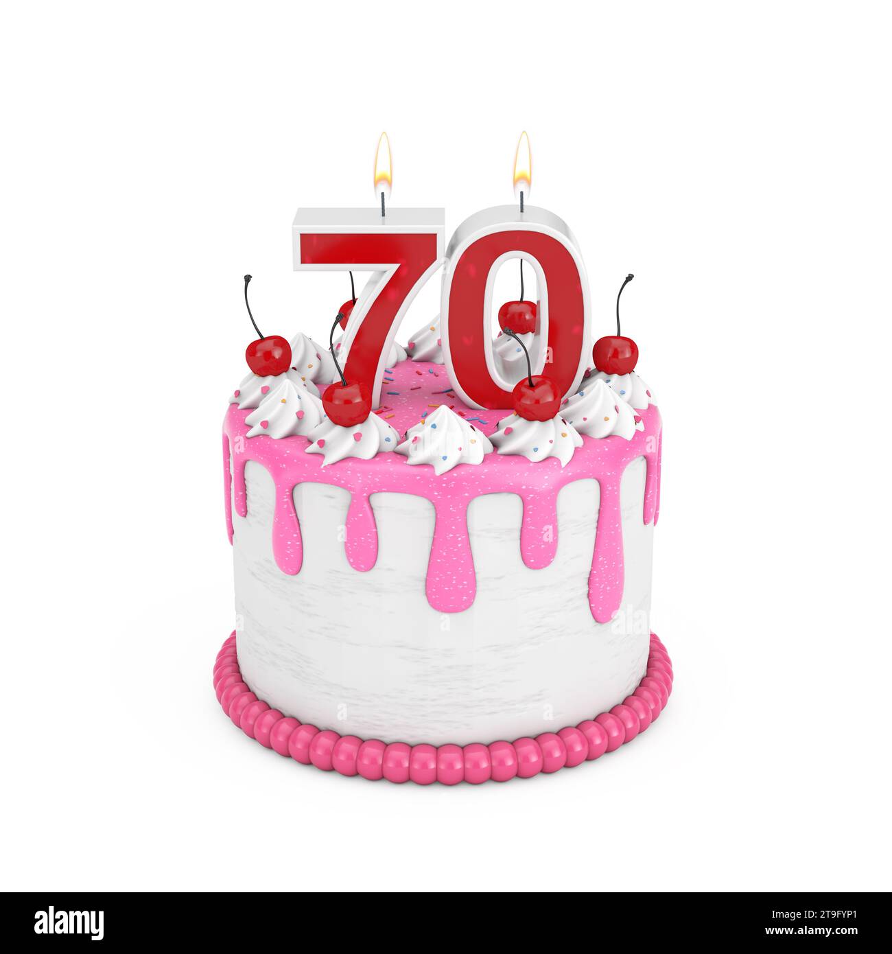 70 Year Birthday Concept. Abstract Birthday Cartoon Dessert Cherry Cake with Seventy Year Anniversary Candle on a white background. 3d Rendering Stock Photo