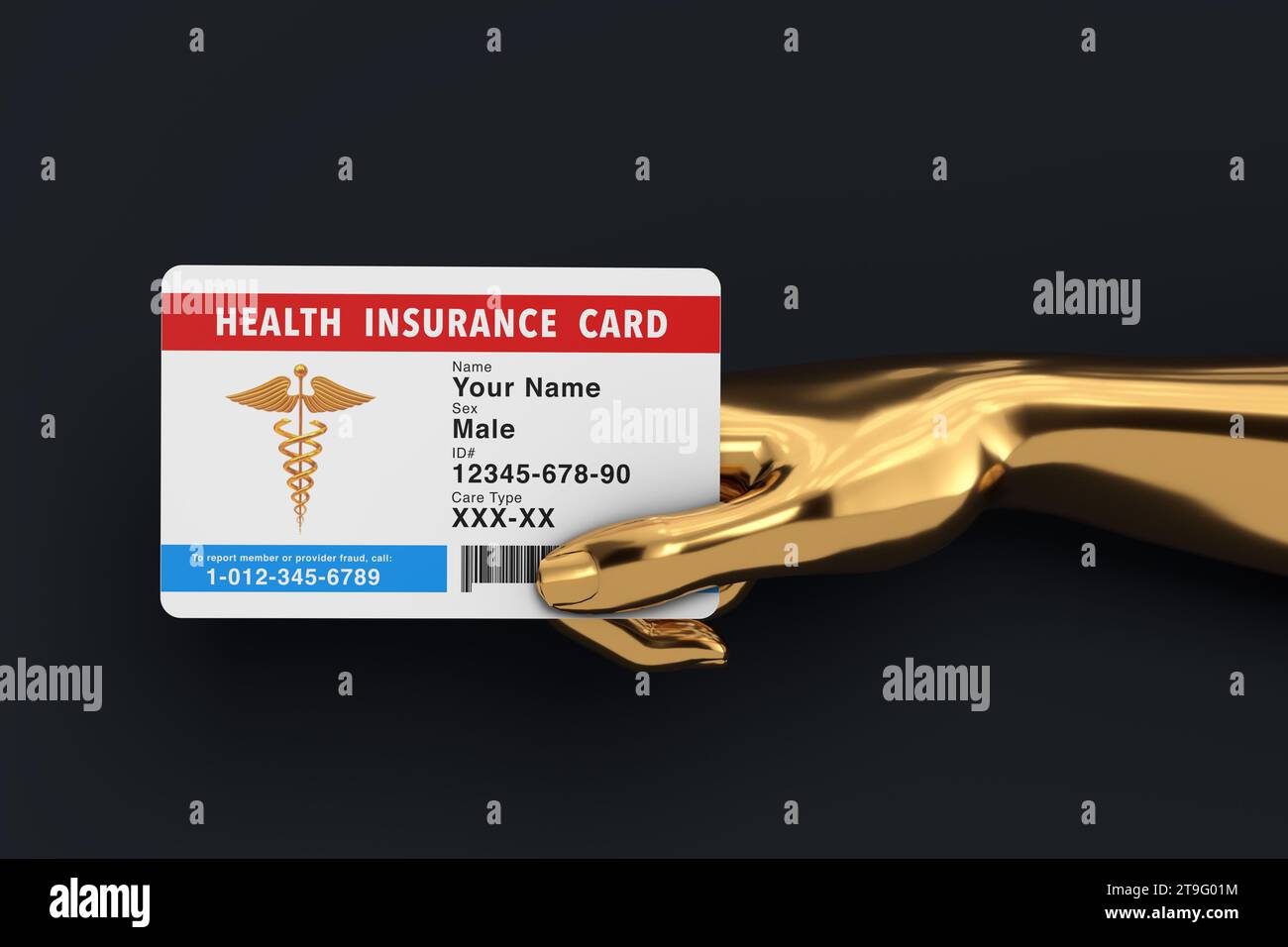 Plastic Health Insurance Card in Golden Abstract Hand on a black ...