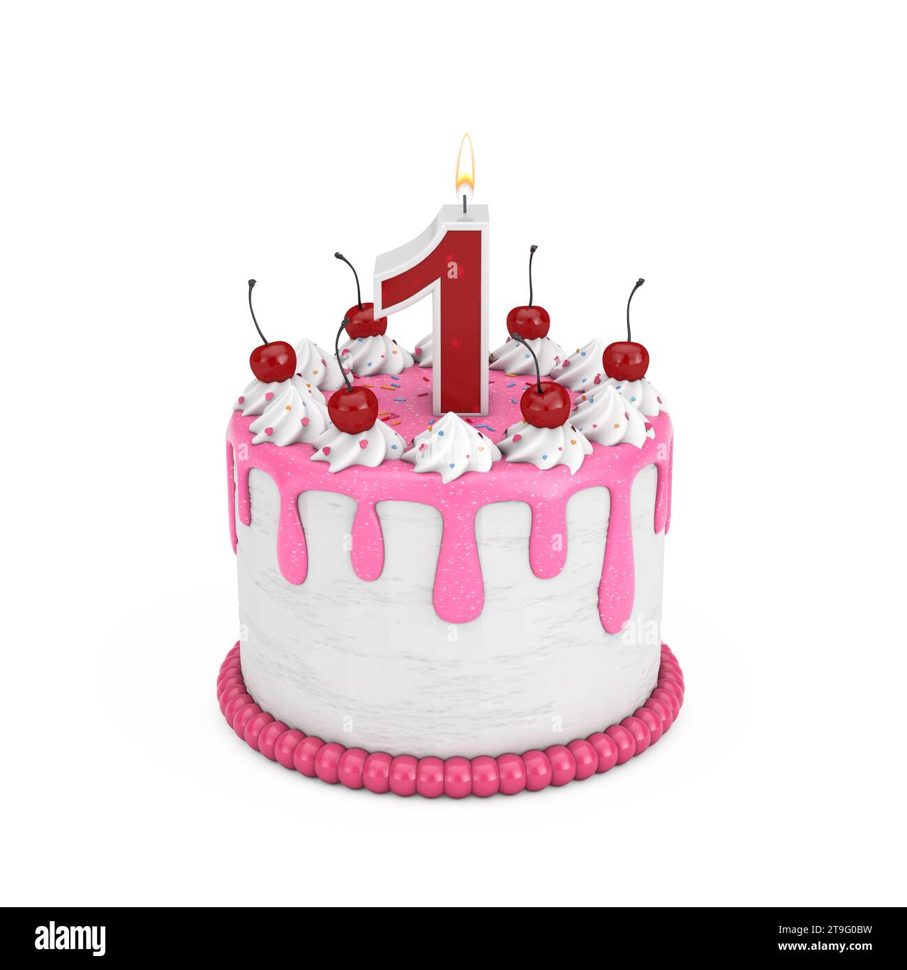 1 Year Birthday Concept. Abstract Birthday Cartoon Dessert Cherry Cake with One Year Anniversary Candle on a white background. 3d Rendering Stock Photo