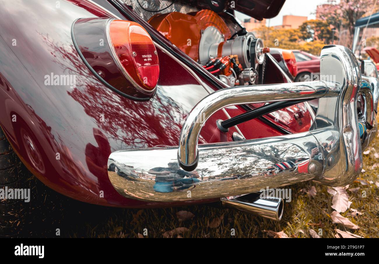 Motor detail of Volkswagen Fusca Beetle on display at a vintage car fair show in the city of Londrina, Brazil. Annual vintage car meeting. Stock Photo