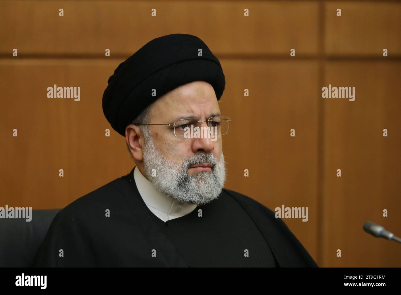 Tehran, Iran. 23rd Nov, 2023. Iranian President EBRAHIM RAISI attends a meeting in Tehran. Ebrahim Raisi is an Iranian Principlist politician, Muslim jurist, and the eighth and current president of Iran since 3 August 2021, having been elected to the presidency in the 2021 election. Raisi has served in several positions in Iran's judicial system, such as Deputy Chief Justice (2004''“2014), Attorney General (2014''“2016), and Chief Justice (2019''“2021). He was also Prosecutor and Deputy Prosecutor of Tehran in the 1980s and 1990s. He was Custodian and Chairman of Astan Quds Razavi, a bonyad Stock Photo