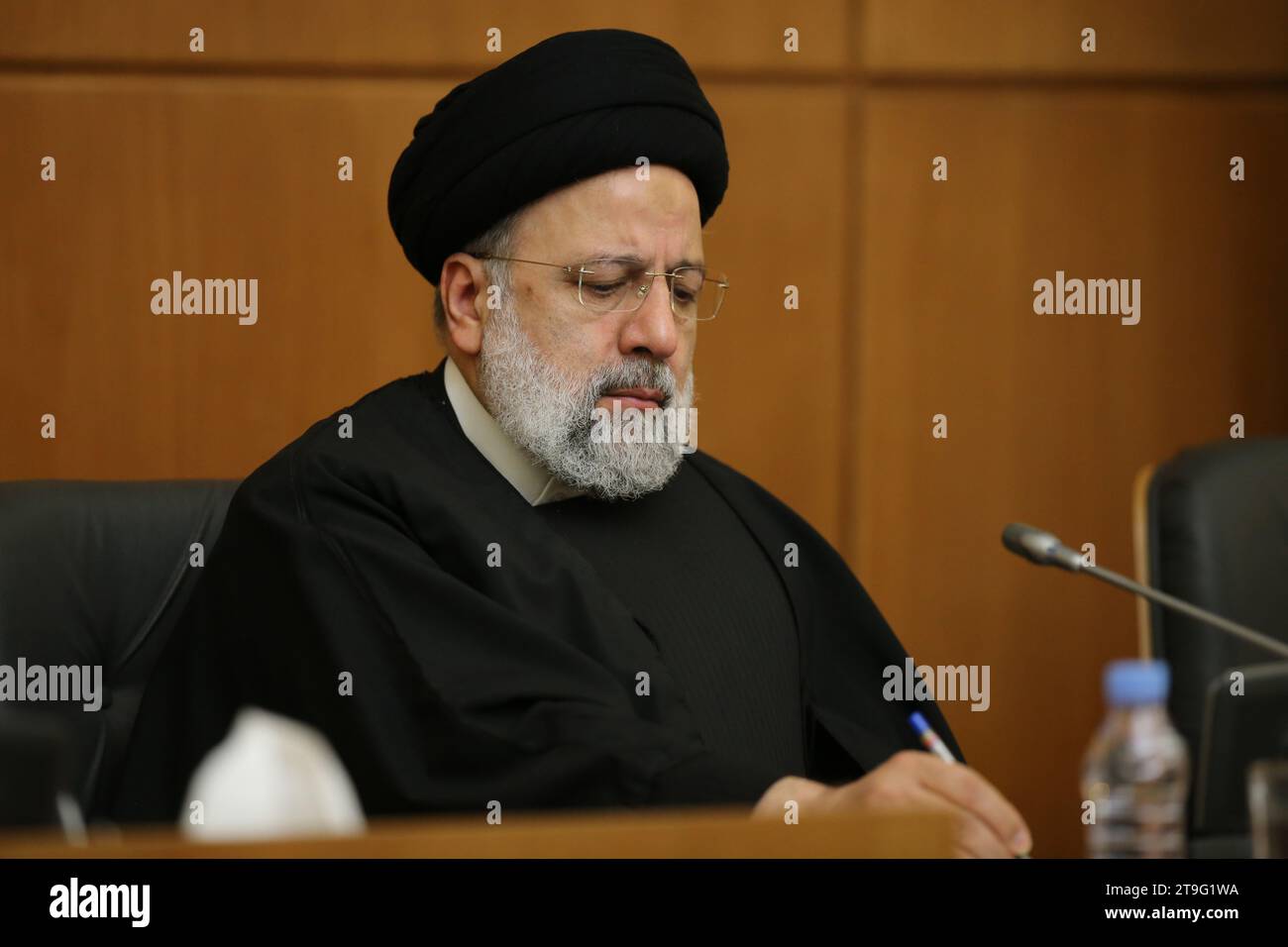 Tehran, Iran. 23rd Nov, 2023. Iranian President EBRAHIM RAISI attends a meeting in Tehran. Ebrahim Raisi is an Iranian Principlist politician, Muslim jurist, and the eighth and current president of Iran since 3 August 2021, having been elected to the presidency in the 2021 election. Raisi has served in several positions in Iran's judicial system, such as Deputy Chief Justice (2004''“2014), Attorney General (2014''“2016), and Chief Justice (2019''“2021). He was also Prosecutor and Deputy Prosecutor of Tehran in the 1980s and 1990s. He was Custodian and Chairman of Astan Quds Razavi, a bonyad Stock Photo