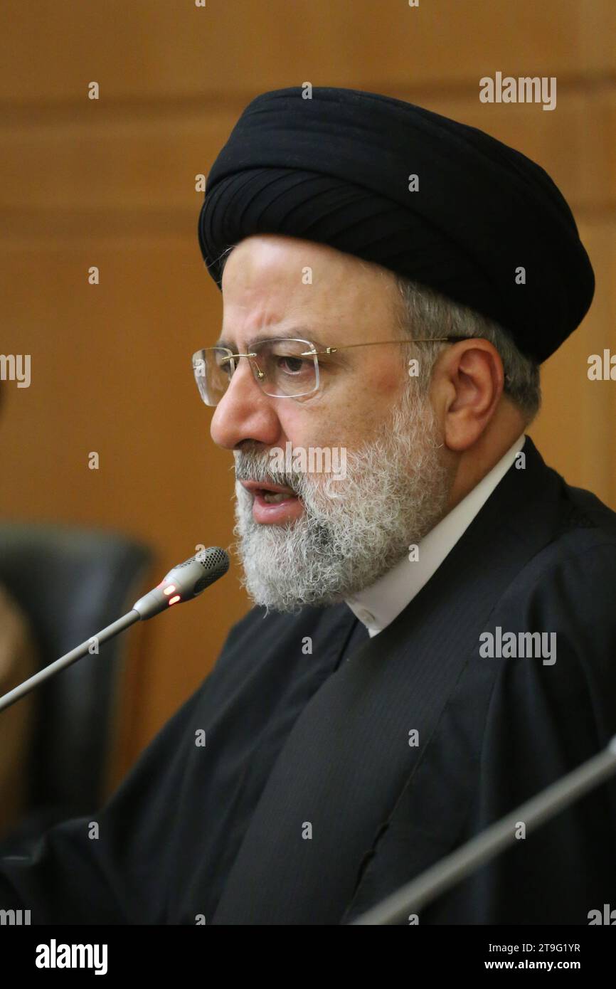 Tehran, Iran. 23rd Nov, 2023. Iranian President EBRAHIM RAISI speaks during a meeting in Tehran. Ebrahim Raisi is an Iranian Principlist politician, Muslim jurist, and the eighth and current president of Iran since 3 August 2021, having been elected to the presidency in the 2021 election. Raisi has served in several positions in Iran's judicial system, such as Deputy Chief Justice (2004''“2014), Attorney General (2014''“2016), and Chief Justice (2019''“2021). He was also Prosecutor and Deputy Prosecutor of Tehran in the 1980s and 1990s. He was Custodian and Chairman of Astan Quds Razavi, a Stock Photo