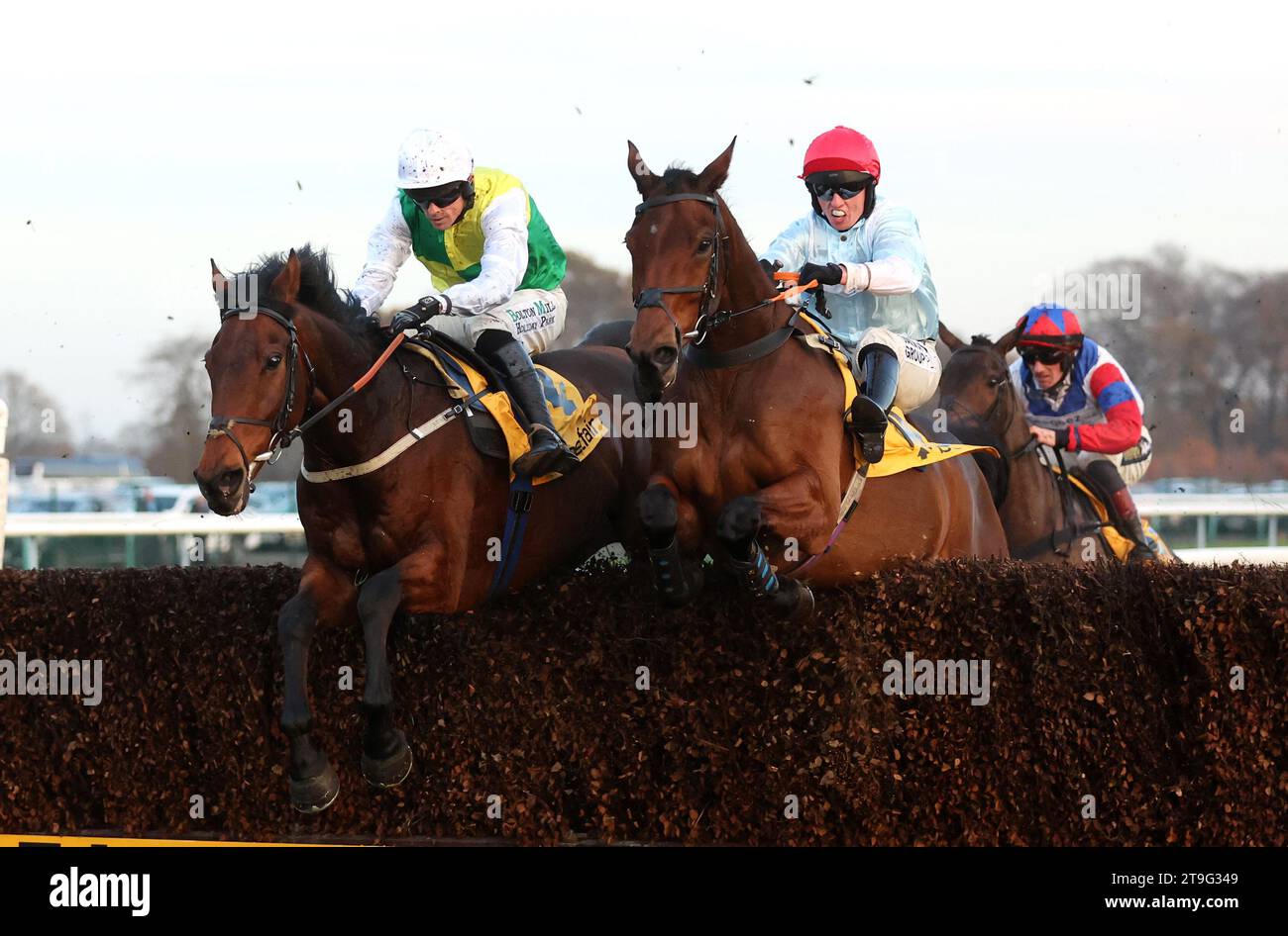 Famous Bridge ridden by Sean Quinlan (left) wins The Betfair 'Free Racing Multiple Today' Handicap Chase during Betfair Chase Day at Haydock Park Racecourse. Picture date: Saturday November 25, 2023. Stock Photo