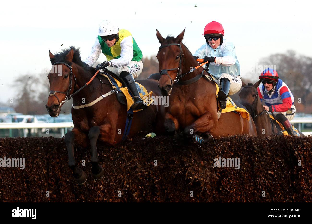 Famous Bridge ridden by Sean Quinlan (left) wins The Betfair 'Free Racing Multiple Today' Handicap Chase during Betfair Chase Day at Haydock Park Racecourse. Picture date: Saturday November 25, 2023. Stock Photo