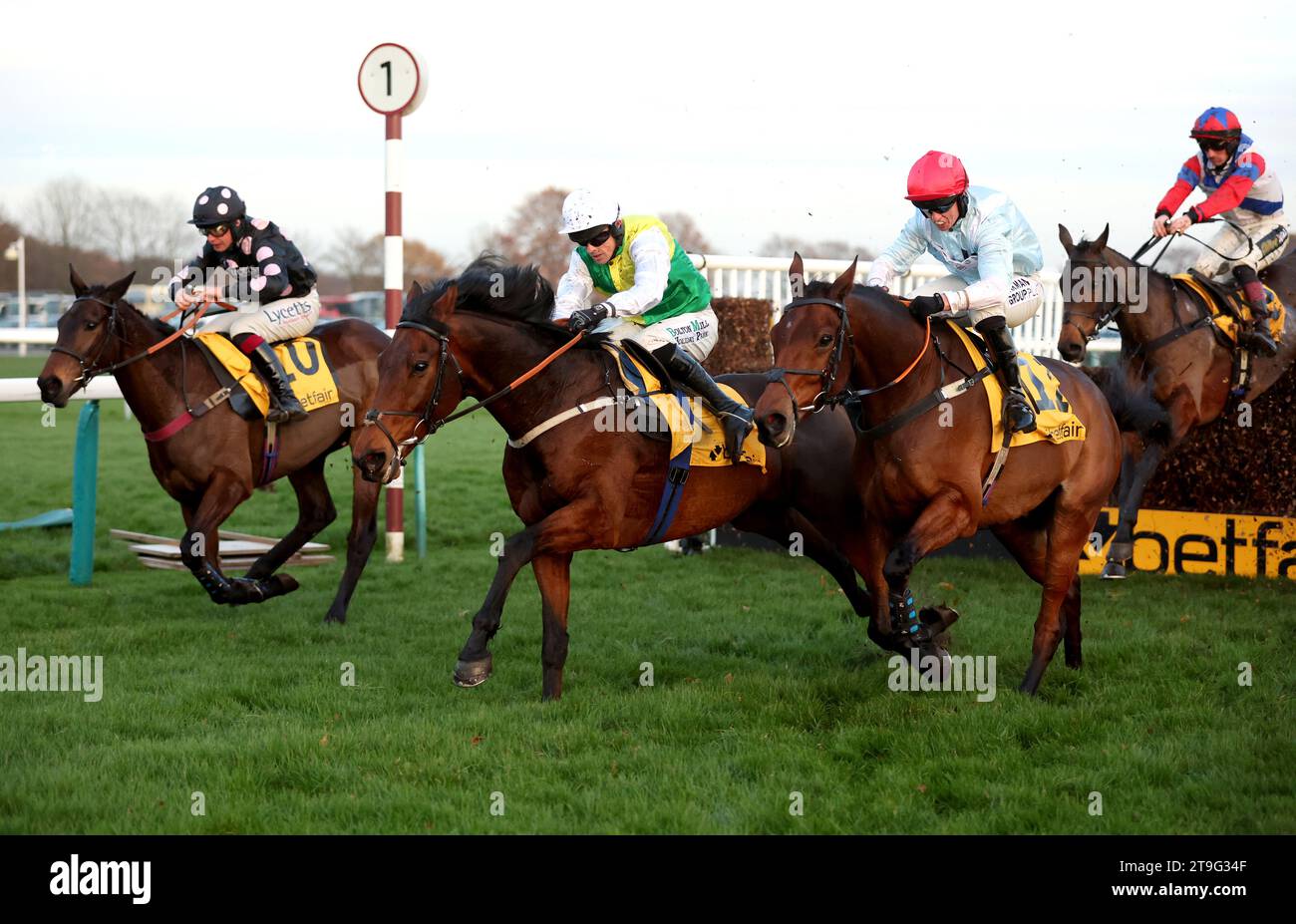 Famous Bridge ridden by Sean Quinlan (centre) wins The Betfair 'Free Racing Multiple Today' Handicap Chase during Betfair Chase Day at Haydock Park Racecourse. Picture date: Saturday November 25, 2023. Stock Photo