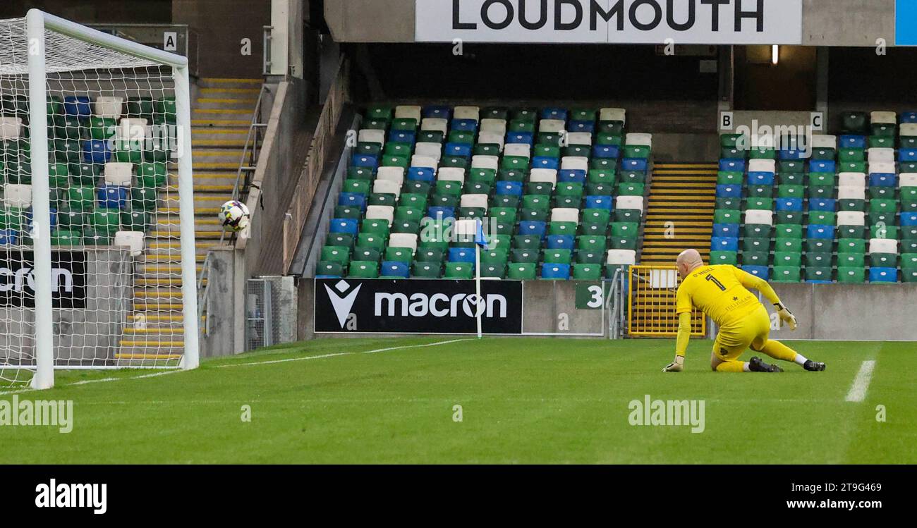 Windsor Park, Belfast, Northern Ireland, UK. 25th Nov 2023. Sports Direct Premiership – Linfield v Ballymena United. Irish Premiership action from today's game in Belfast. 2-0 Linfield - scorer Kirk Millar (7). (Linfield in blue). Credit: CAZIMB/Alamy Live News. Stock Photo