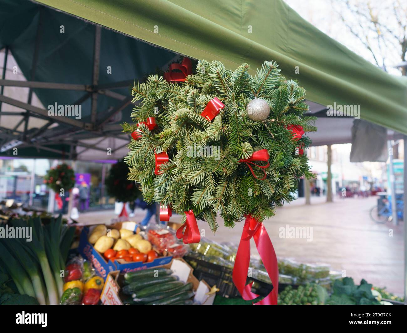 Christmas wreath on display on a market store Stock Photo