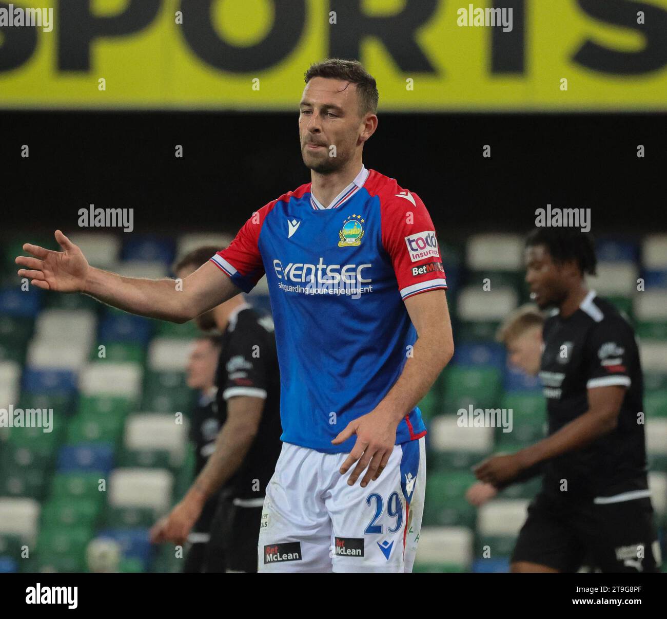 Windsor Park, Belfast, Northern Ireland, UK. 25th Nov 2023. Sports Direct Premiership – Linfield v Ballymena United. Irish Premiership action from today's game in Belfast. (Linfield in blue). Matthew Fitzpatrick (29) headed in his second goal, and Linfield's fourth. Credit: CAZIMB/Alamy Live News. Stock Photo