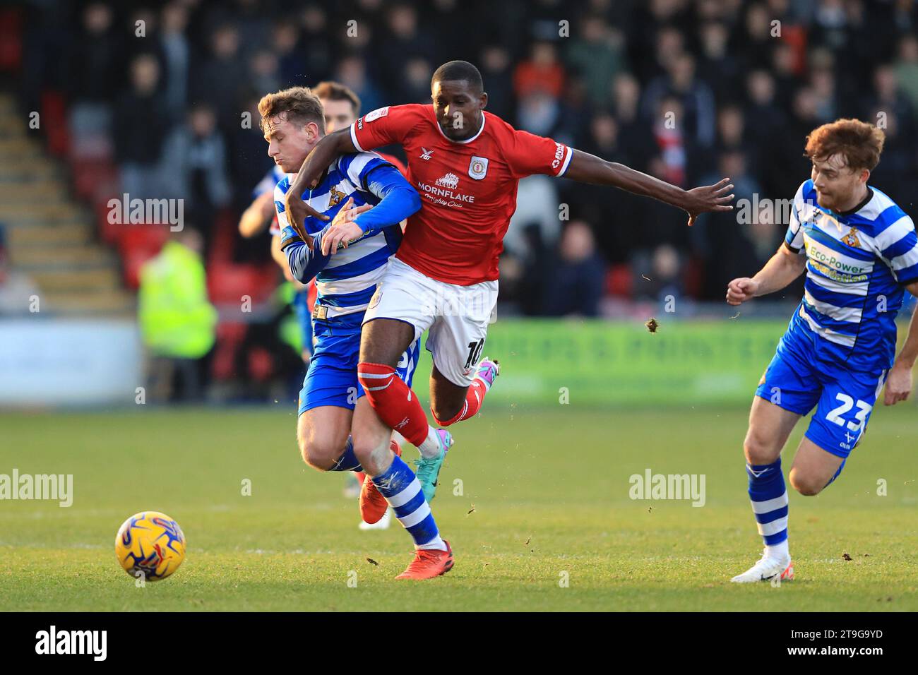 Crewes Shilow Tracey battles with Doncasters Tom Nixon during the Sky Bet League 2 match between Crewe Alexandra and Doncaster Rovers at Alexandra Stadium, Crewe on Saturday 25th November 2023. (Photo: Chris Donnelly | MI News) Credit: MI News & Sport /Alamy Live News Stock Photo