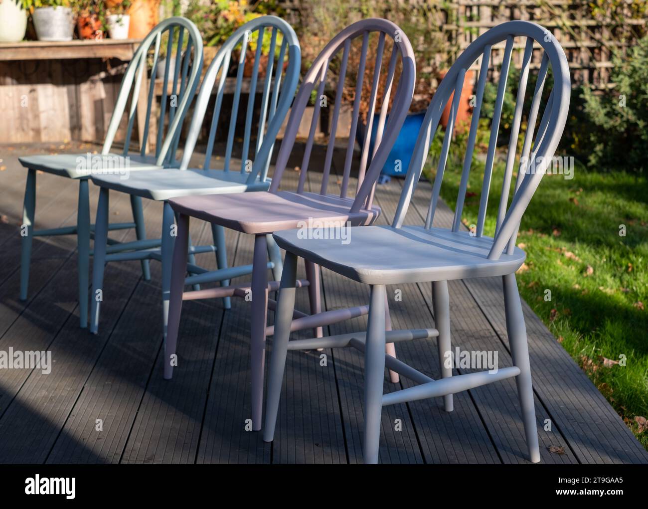 Upcycled, hand painted vintage Ercol Windsor chair set. Chairs are painted in pastel colours in