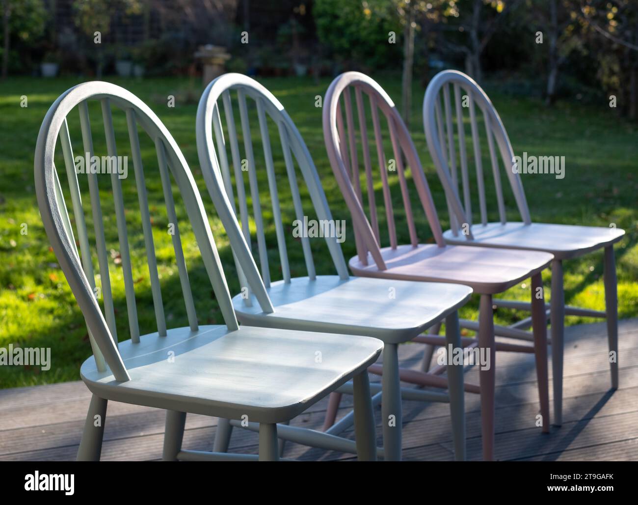 Upcycled, hand painted vintage Ercol Windsor chair set. Chairs are painted in pastel colours in