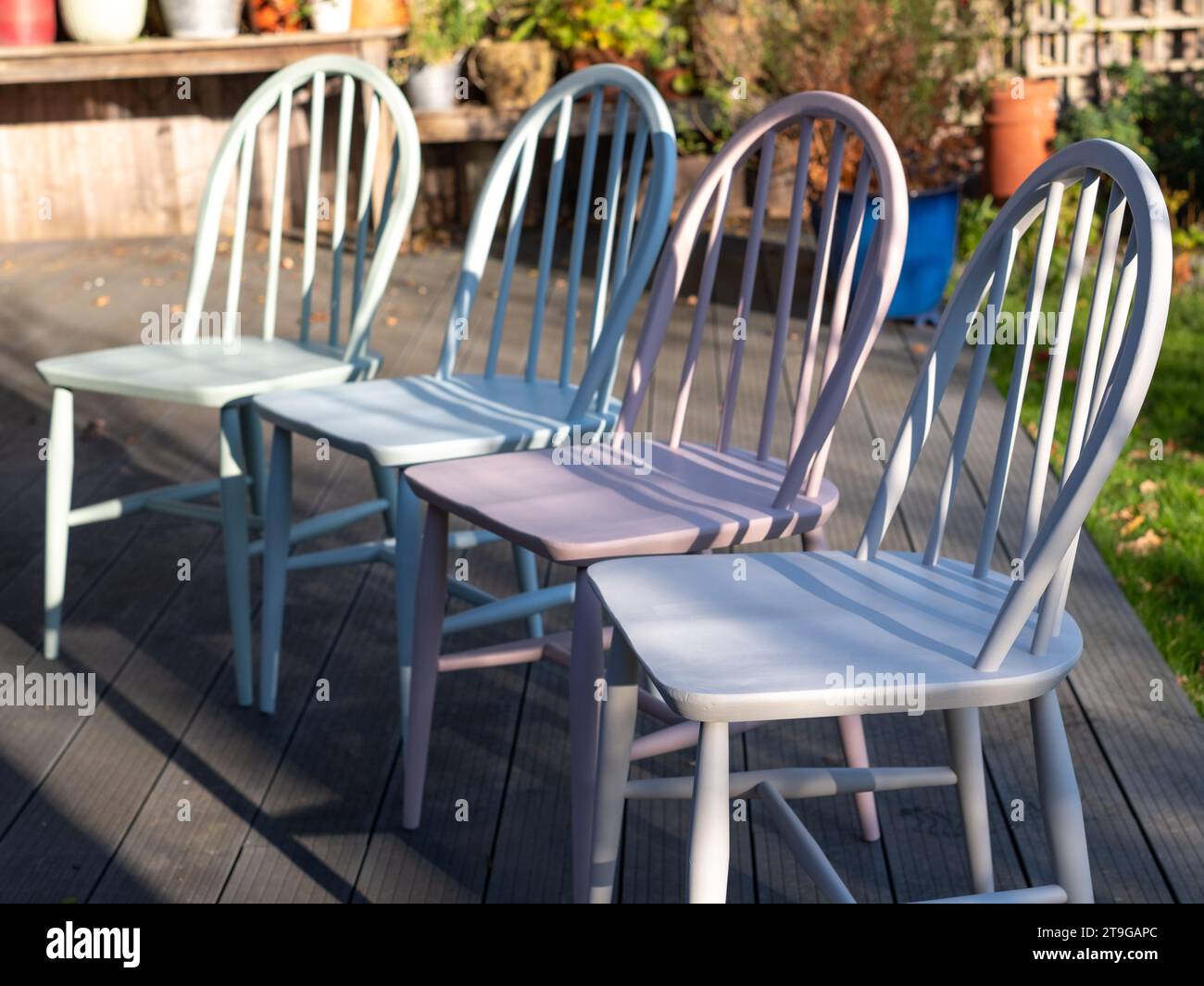 Upcycled, hand painted vintage Ercol Windsor chair set. Chairs are painted in pastel colours in