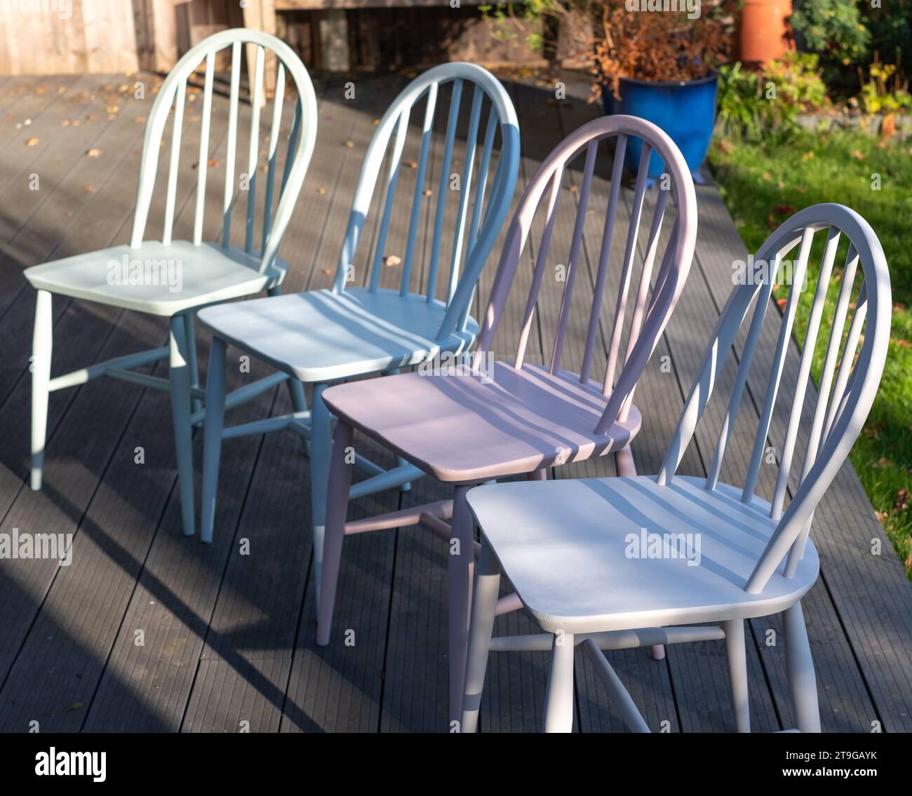 Upcycled, hand painted vintage Ercol Windsor chair set. Chairs are painted in pastel colours in