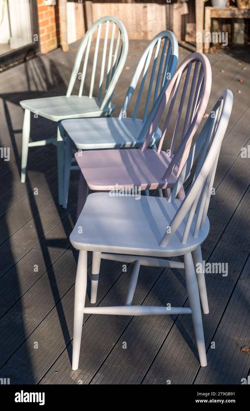 Upcycled, hand painted vintage Ercol Windsor chair set. Chairs are painted in pastel colours in