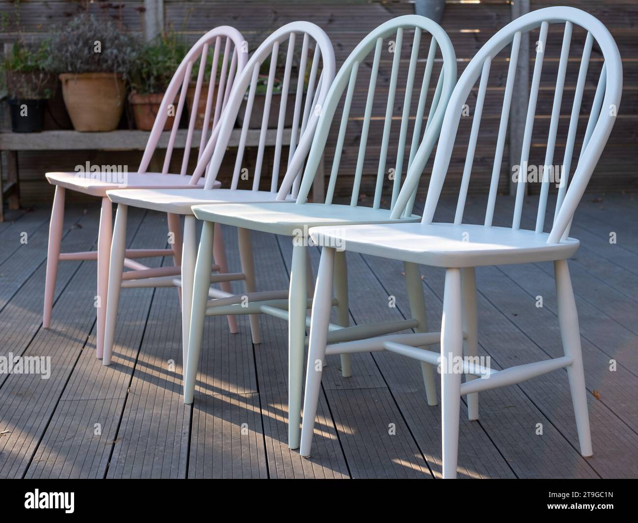 Upcycled, hand painted vintage Ercol Windsor chair set. Chairs are painted in pastel colours in