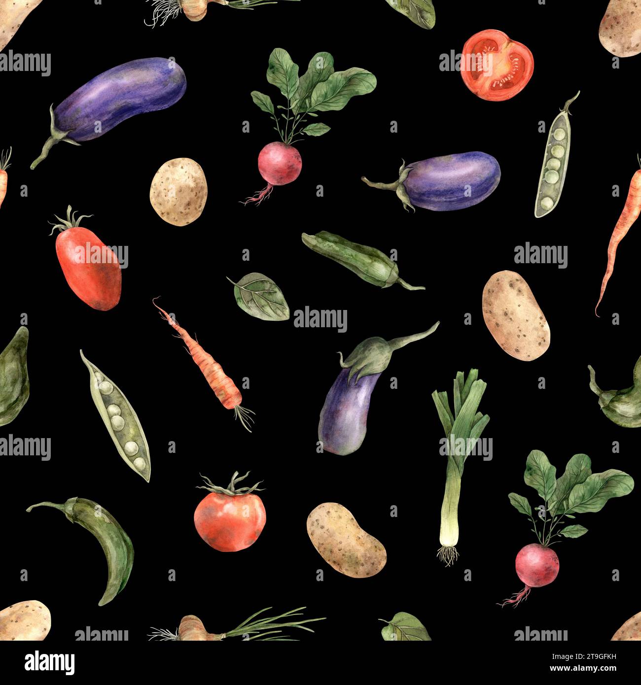Seamless watercolor pattern with various vegetables on a black ...
