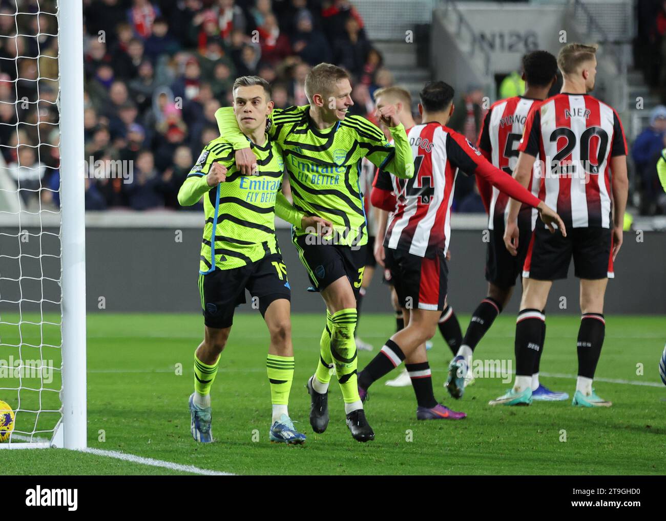London, UK. 25th Nov, 2023. Leandro Trossard of Arsenal celebrates scoring before his goal is disallowed for offside after a VAR check during the Premier League match at Gtech Community Stadium, London. Picture credit should read: Paul Terry/Sportimage Credit: Sportimage Ltd/Alamy Live News Stock Photo