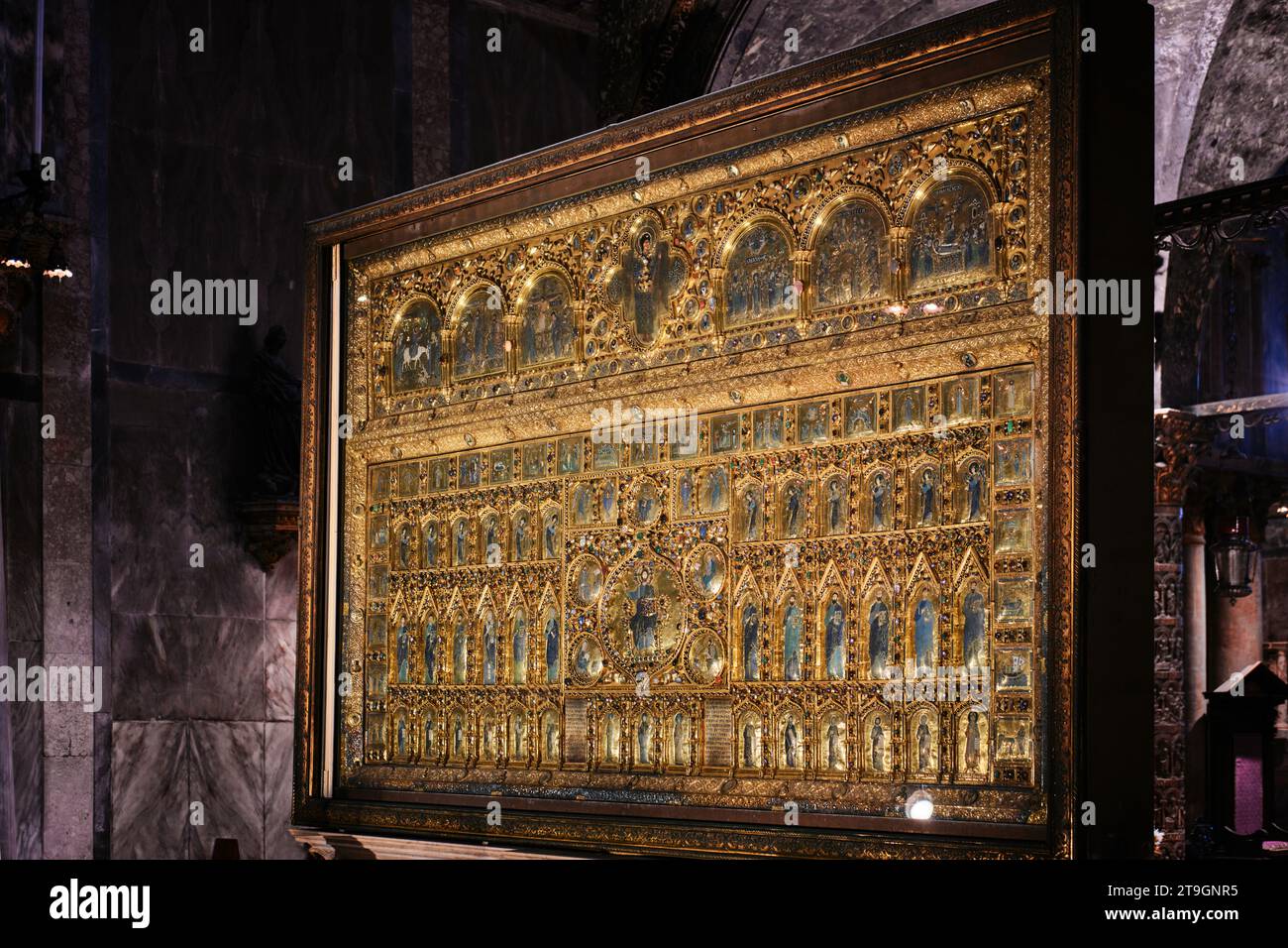 Venice, Italy - November 9 2023: Golden Pala D'oro in St. Mark's Basilica taking from Constantinople, Byzantine in 12th century Stock Photo