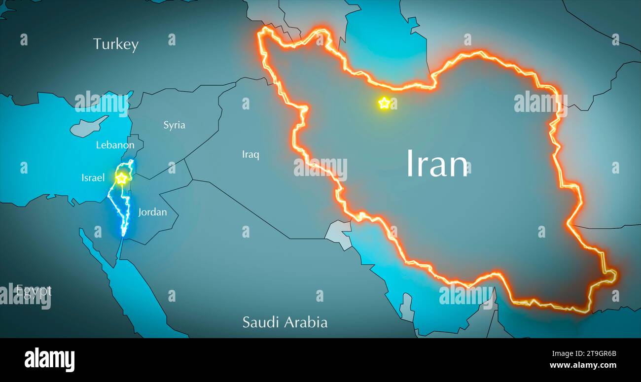 Illustration of map of Middle East. Relations between Israel and Iran