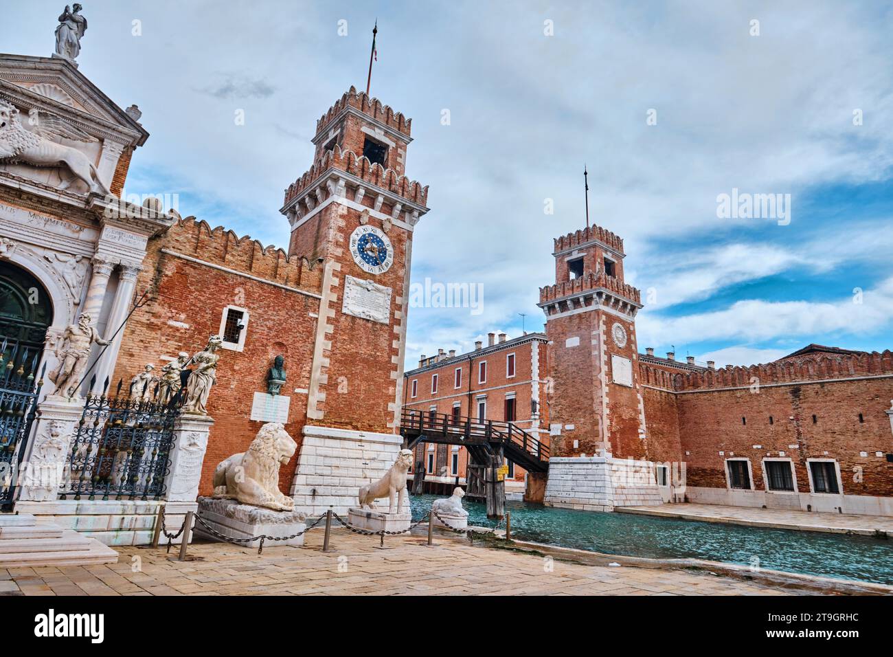 Venice, Italy - November 9 2023: Bottom view of entrance to the former shipyard of the Venice Arsenal (Arsenale di Venezia) Stock Photo