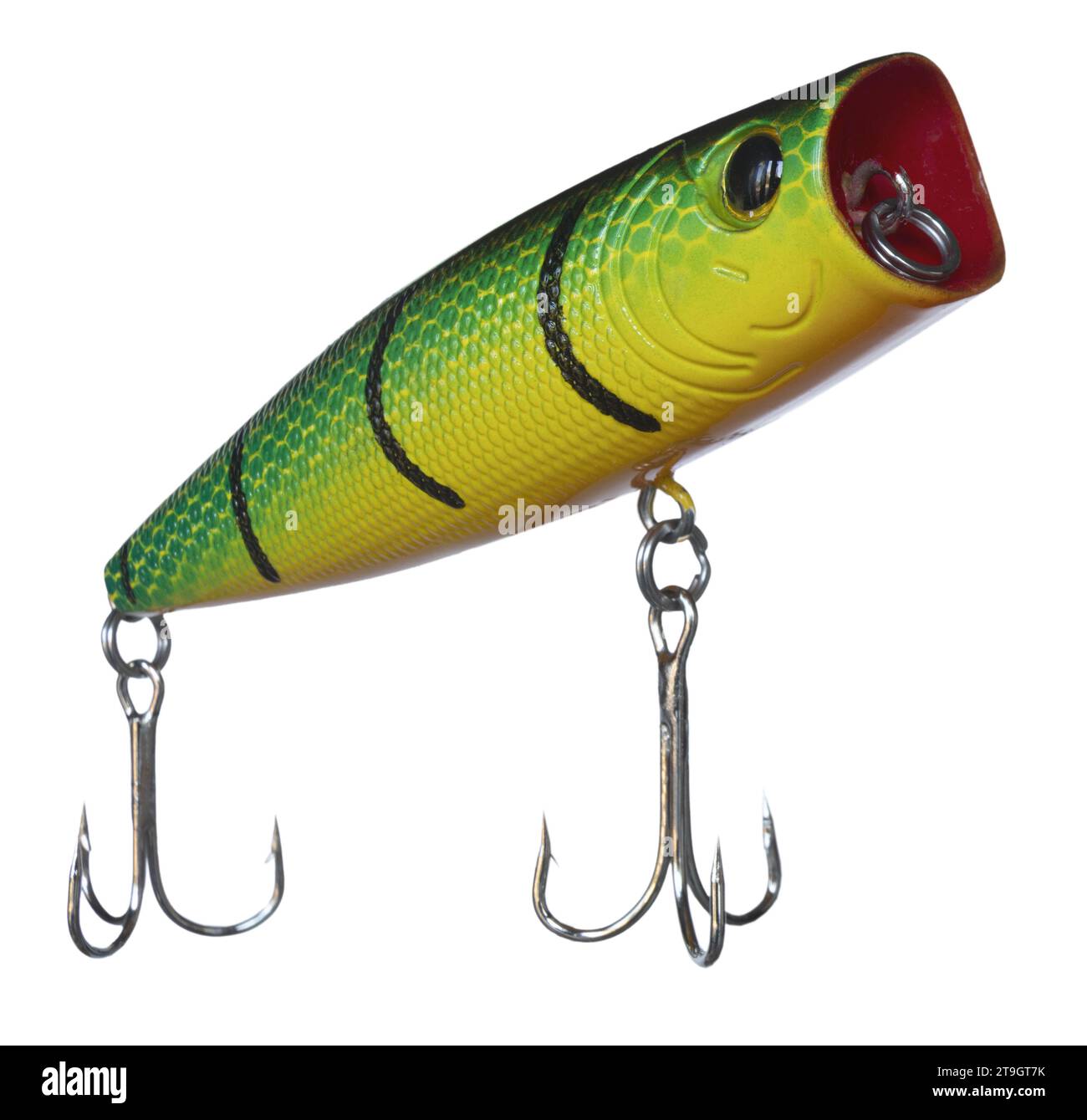 Artificial topwater fishing bait with two treble hooks and green, red