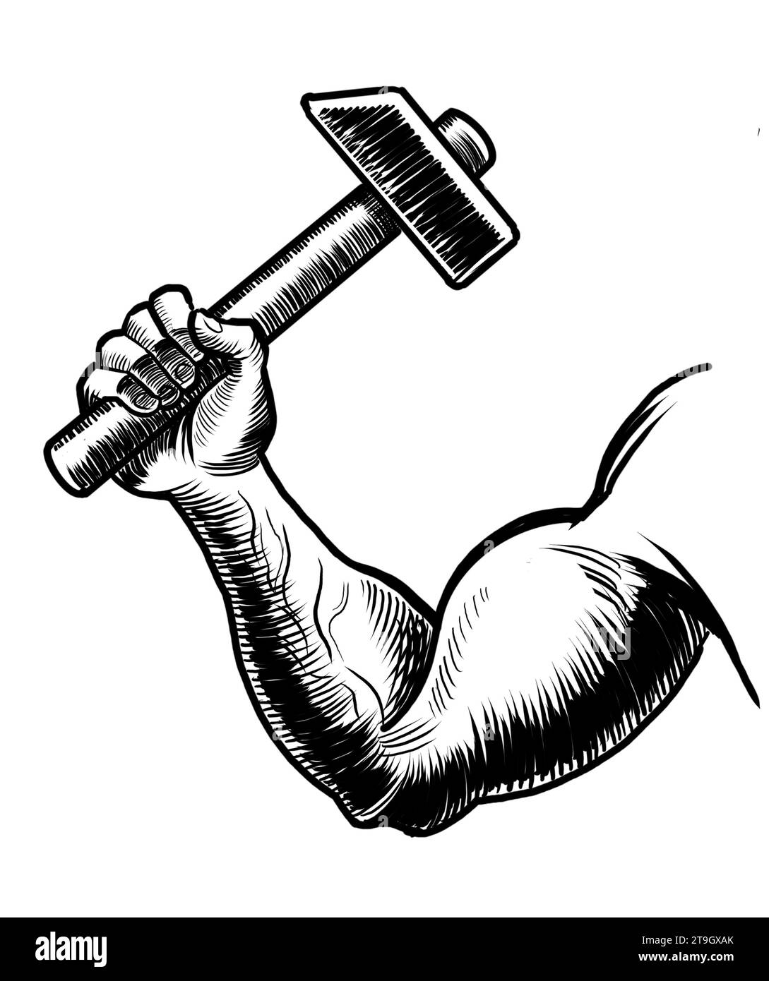 Hand with hammer. Hand-drawn black and white drawing Stock Photo - Alamy