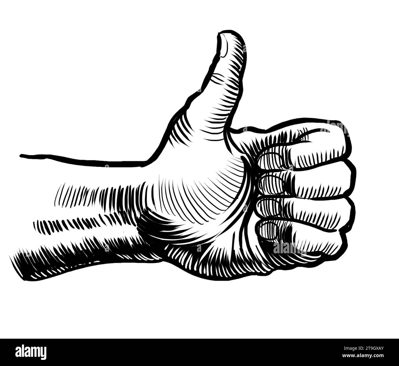 Hand showing big thumb. Handdrawn black and white illustration Stock