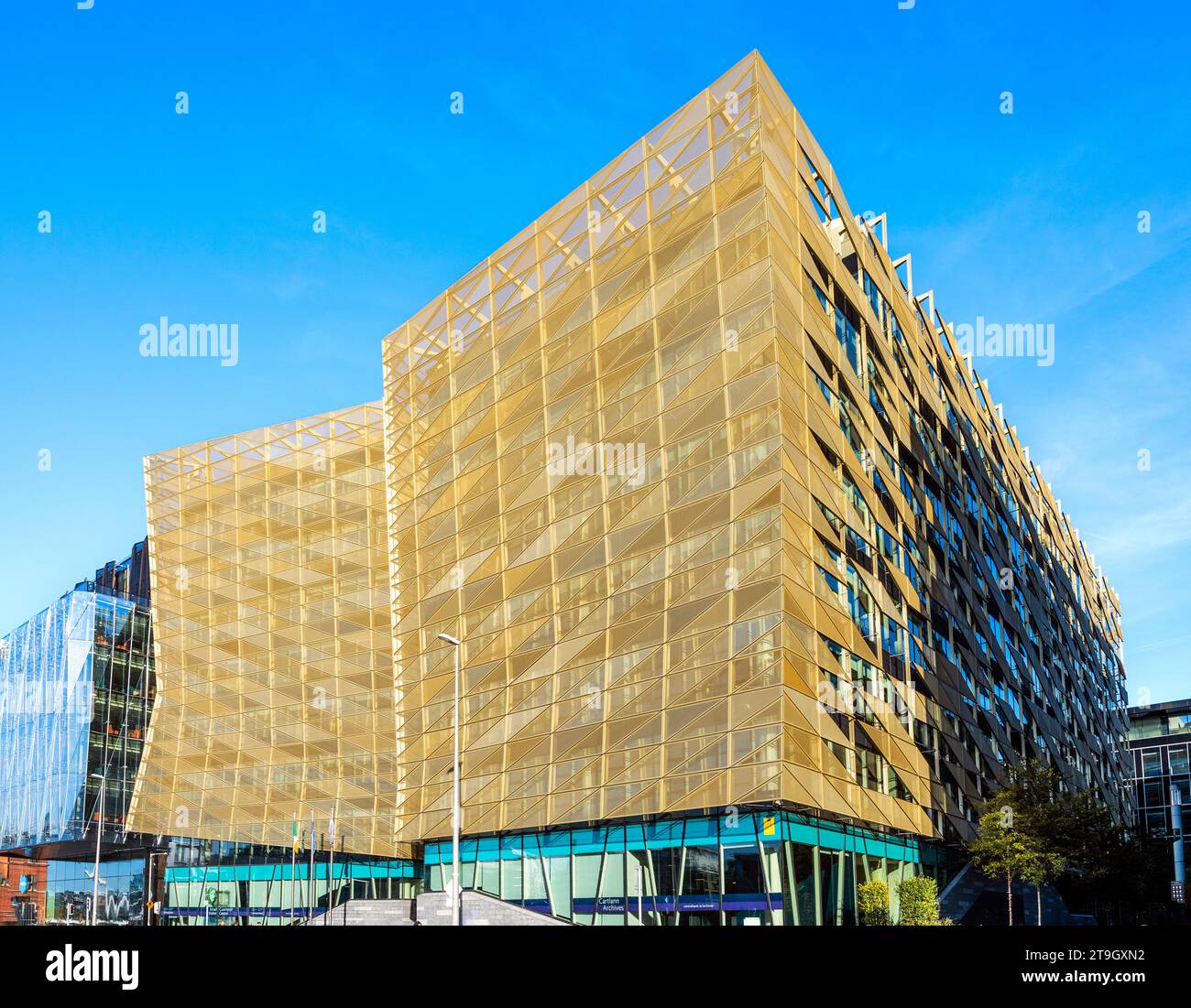 Contemporary architecture of Central Bank of Ireland’s Dockland Campus in North Wall Quay overlooking the River Liffey, Dublin city center, Ireland Stock Photo