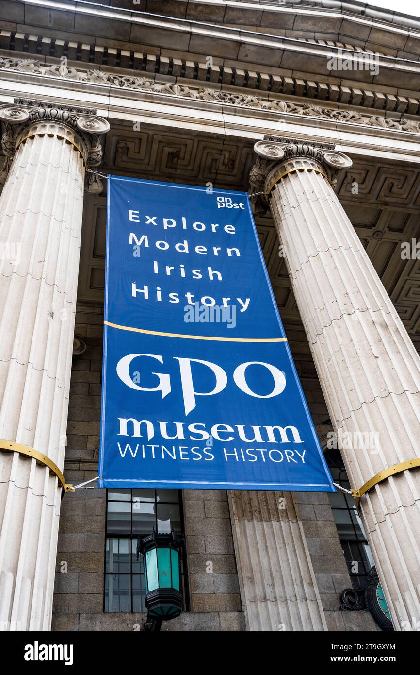 Sign of the GPO Museum in the General Post Office, headquarters of leaders of Easter Rising, in O'Connell Street, Dublin city center, Ireland Stock Photo